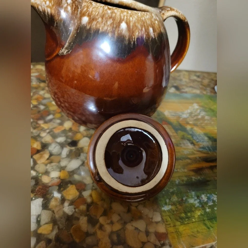 Vintage Hull Pottery Brown Drip Ball‎ Shaped Tea Pot & Lid with plate USA